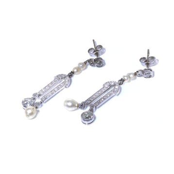 Oorbellen Belle Époque platina diamant en natuurlijke parel, Nieuw