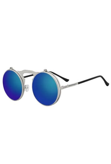 KIMU® Ronde Zonnebril Flip Up Zilver Montuur Rond Blauwe Spi, Ophalen of Verzenden, Nieuw, Blauw