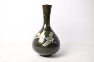 Vase - Cuivre - Japon - Vase-bouteille incrusté de grues -, Antiquités & Art