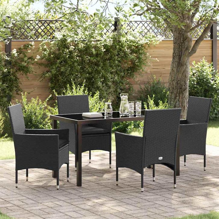 vidaXL Tuin Eettafel Set met kussen 5 pcs Zwart poly rattan, Tuin en Terras, Tuinsets en Loungesets, Nieuw, Verzenden