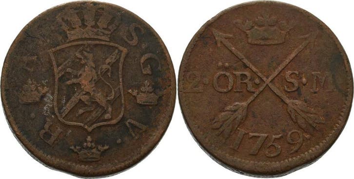 2 Öre 1759, Schweden Adolf Friedrich 1751-1771, Timbres & Monnaies, Monnaies | Europe | Monnaies non-euro, Envoi