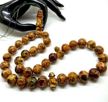 Chapelet en ambre baltique à motifs, tesbih, perles de
