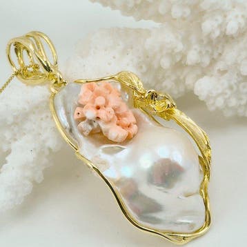 Koraal - Zilver, Verguld - Ketting met hanger - Roze koraal, Antiek en Kunst