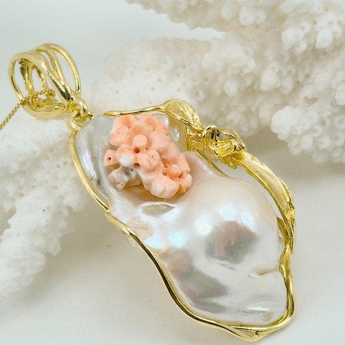 Koraal - Zilver, Verguld - Ketting met hanger - Roze koraal, Antiek en Kunst, Curiosa en Brocante