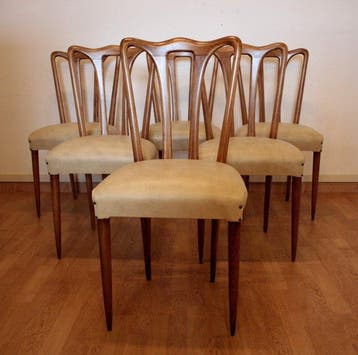 Stoel - Hout, Leder - Set van zes vintage stoelen, Antiek en Kunst