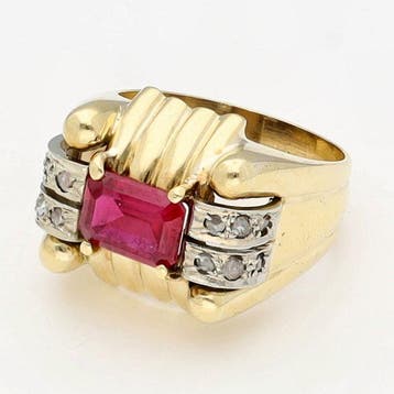 Bague - 14 carats Or jaune - Diamant - Robijn, Nieuw