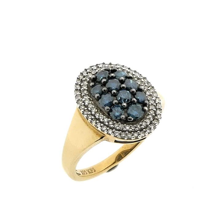 9 karaat ring met blauwe en heldere diamanten, Handtassen en Accessoires, Ringen, Dame, Met edelsteen, Geel, 18 tot 19, Gebruikt