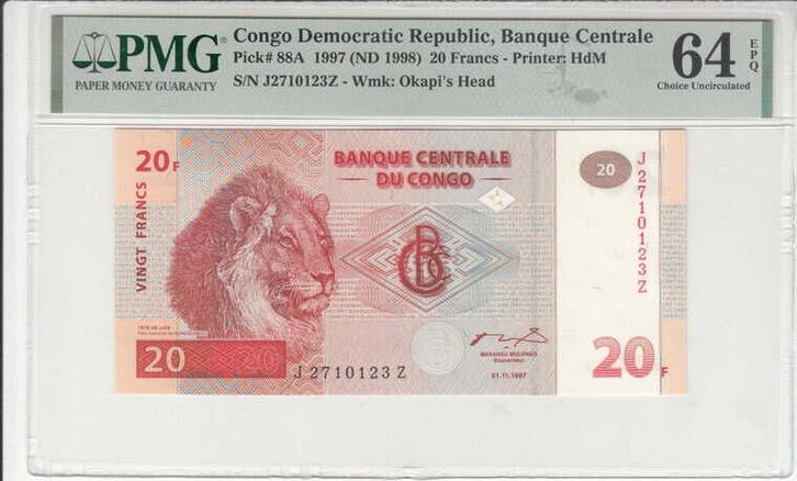 1997 Congo Democratic Republic 20 Francs Pick 88a Pmg Cho..., Postzegels en Munten, Bankbiljetten | Europa | Niet-Eurobiljetten