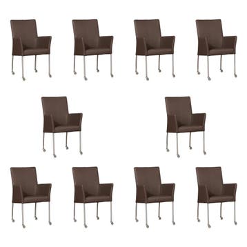 Set van 10 Leren eetkamerstoelen Comfort met wieltjes en, Ophalen of Verzenden, Nieuw, Leer, Eén