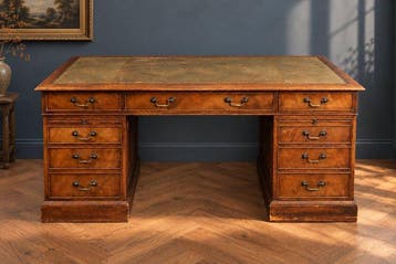 Bureau - eiken, mahonie en echt leder, Antiek en Kunst