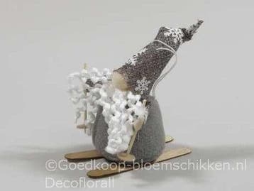 Santa op houten skiën Andergrijs 9 cm per stuk, Nieuw