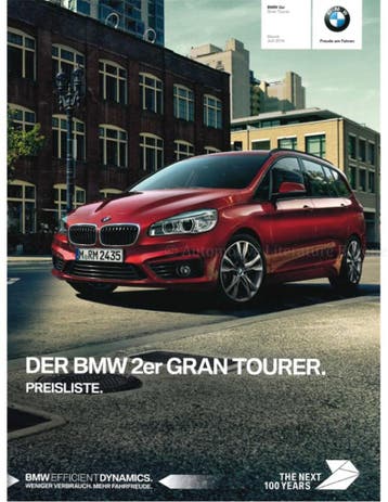 2016 BMW 2 SERIE GRAM TOURER PRIJSLIJST BROCHURE DUITS, Nieuw