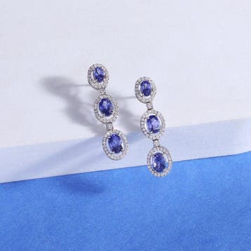 Oorbellen - 18 karaat Witgoud - 5.95ct. tw. Tanzaniet -, Nieuw