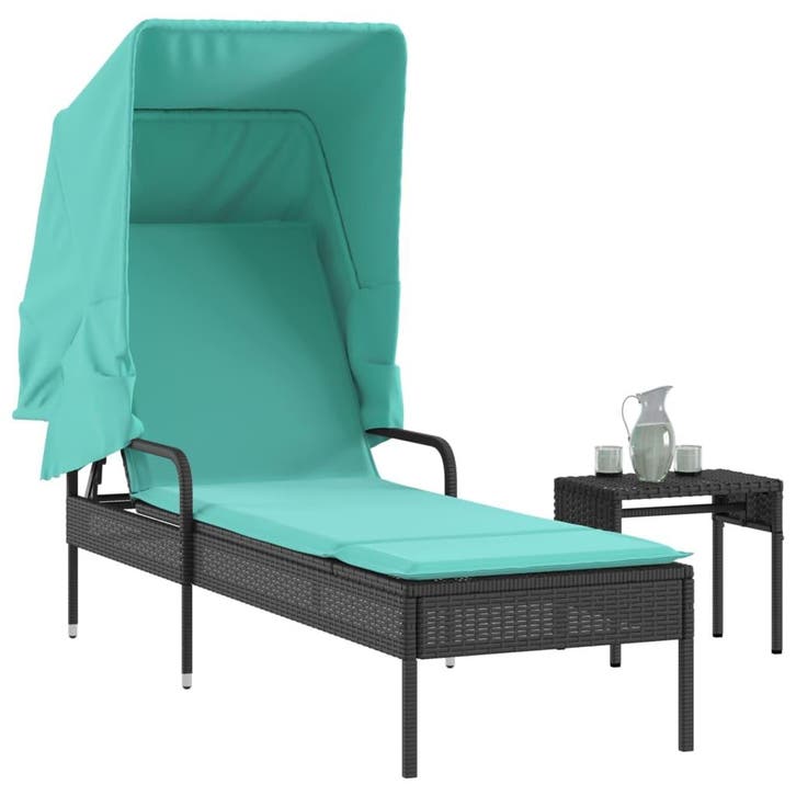 vidaXL Ligstoel met luifel en tafel zwart poly rattan, Tuin en Terras, Ligbedden, Nieuw, Verzenden