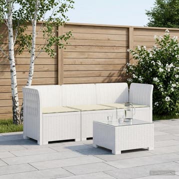 vidaXL 3-Zits Tu bank met Kussens Rattan Look PP Wit, Verzenden
