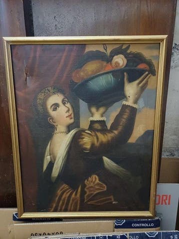 Scuola italiana (XIX), Da Tiziano - Donna con cesto di