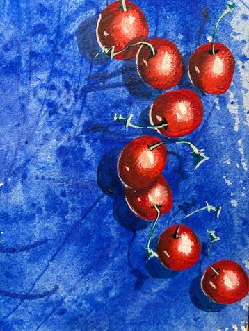 Jacques Halbert (1955) - Cerises sur fond bleu, Antiquités & Art