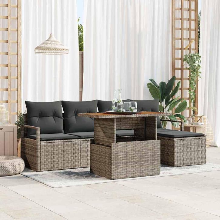 vidaXL Tuin Eettafel Set met kussen 6 pcs Grijs en Bruin, Tuin en Terras, Tuinsets en Loungesets, Nieuw, Verzenden