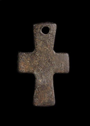 Byzantijns Brons Kruis hanger met Maria of Sint Orans, Antiek en Kunst