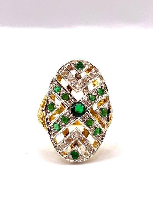 Zonder minimumprijs - Ring - 9 kt. Geel goud, Zilver Smaragd, Bijoux, Sacs & Beauté, Bagues