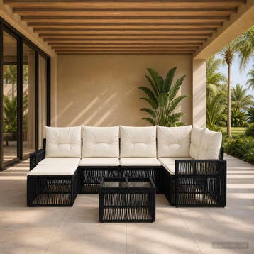 vidaXL Tuinbank Set 7 st Zwart en Crème Wit poly rattan, Tuin en Terras, Verzenden, Nieuw