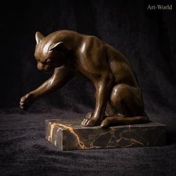 Beeld, Spelende kat - 14 cm - Brons, Marmer, Antiek en Kunst