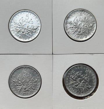 France. 5 Francs 1960/1963 Semeuse (lote de 4 moedas de, Postzegels en Munten