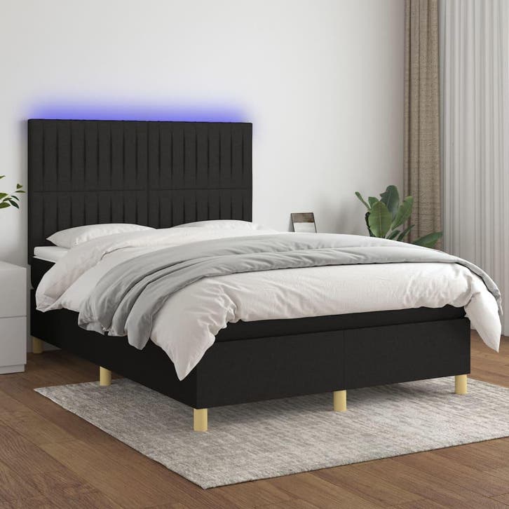 vidaXL Boxspring met matras en LED stof zwart 140x200 cm, Maison & Meubles, Chambre à coucher | Lits, Envoi