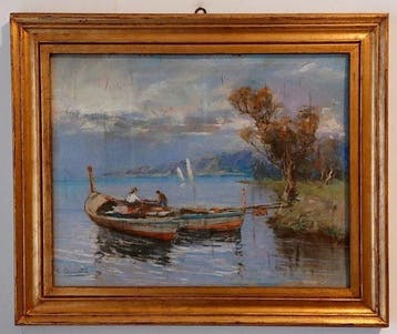 Antonio Cannata (1895-1960) - Paesaggio lacustre con barche, Antiek en Kunst