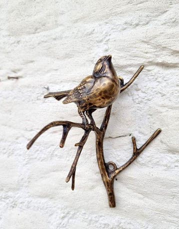 sculptuur, vogel op tak - 18 cm - Brons