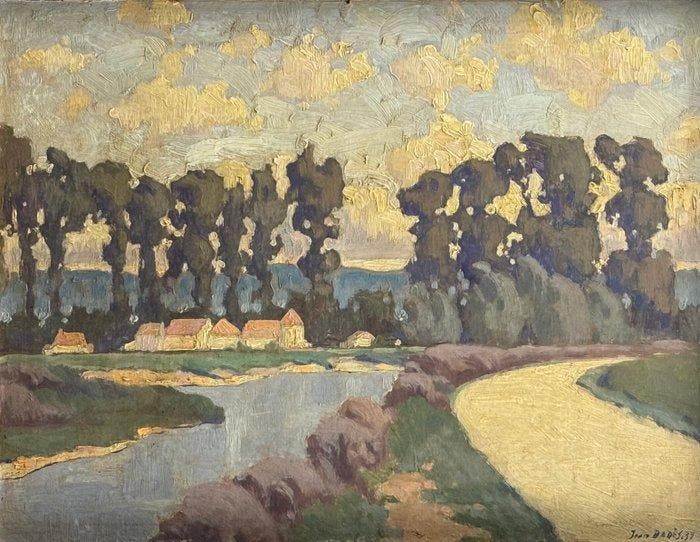 Jean Bades (XIX–XX) - Paysage avec rivière et chemin, Antiek en Kunst, Kunst | Schilderijen | Klassiek