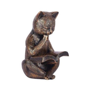 sculptuur, Antique Style Cat Reading Figurine – Bronze Look