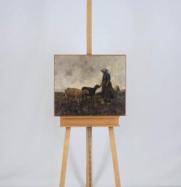 Willem Hendrik van der Nat (1864–1929) - Boerin met schapen, Antiek en Kunst