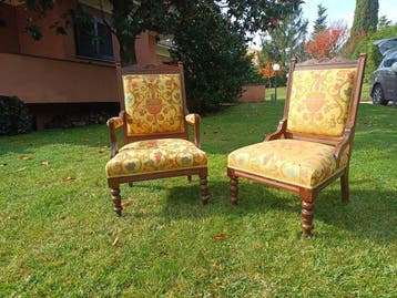 Fauteuil (2) - Walnoot, Zijde - 2 Engelse fauteuils -
