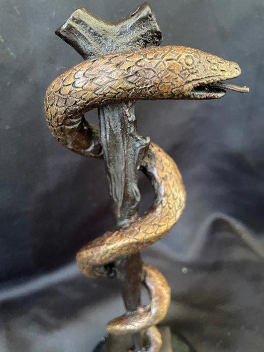 sculptuur, Rod of Asclepius - 23 cm - Gepatineerd brons, Antiquités & Art, Curiosités & Brocante