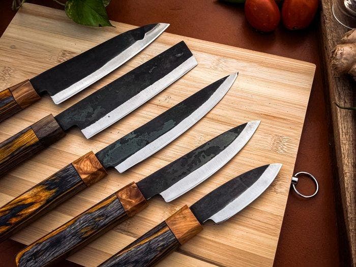 Keukenmes - Kitchen knife set - 713 - Staal, Hout,, Antiquités & Art, Antiquités | Ustensiles de cuisine