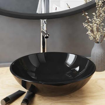 vidaXL Wastafel met kraan en pop-up afvoer gehard glas zwart, Verzenden, Nieuw