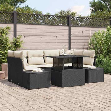 vidaXL Bankstel 7 st Zwart en Crème poly rattan, Verzenden