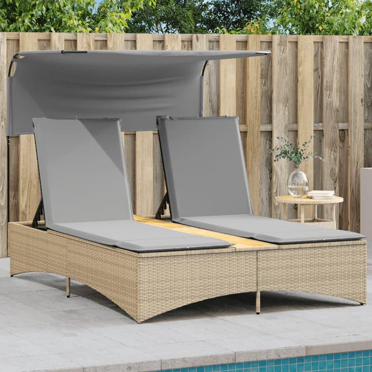 vidaXL Ligbed 2-persoons luifel en kussens poly rattan, Tuin en Terras, Ligbedden, Nieuw, Verzenden