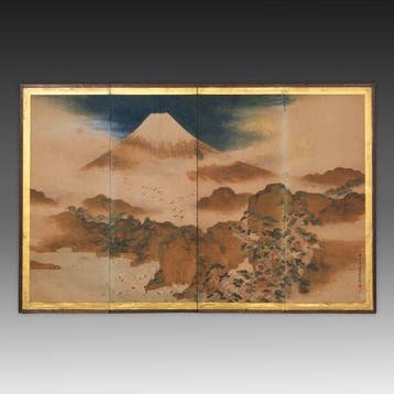 Vouwscherm met Mount Fuji en kraanvogels - papier, hout,