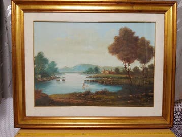 A. Antonini (XX) - Grande paesaggio fluviale con castello