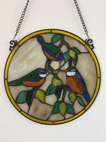 Glaspaneel glas in lood Tiffany style Ø 30 cm Vogels -, Antiek en Kunst
