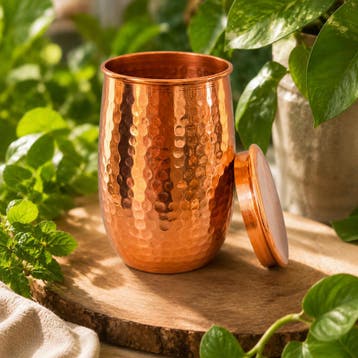 Puur koperen beker met deksel gehamerd – 470 ml/165 g (zware, Ophalen of Verzenden