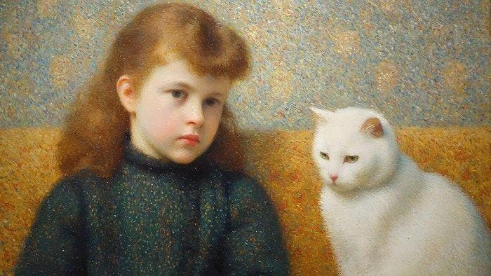 I_KONIQ - Redhead young girl and her cat in George Seurat, Antiek en Kunst, Curiosa en Brocante