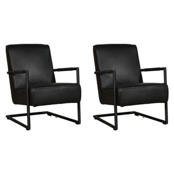 Set van 2 Leren fauteuils Lodge - Granada Black (zwart), Nieuw, Ophalen of Verzenden, 50 tot 75 cm, Leer