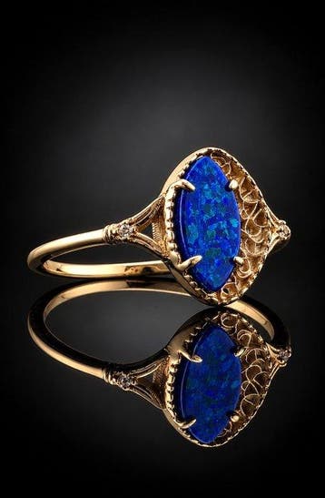 Blauwe opaalring - goud verguld 925 sterlingzilver -, Antiek en Kunst