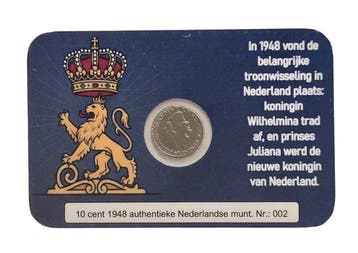Nederland. Wilhelmina. 10 Cent 1948 Coincard De troon