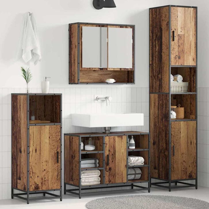 vidaXL Badkamermeubel Set met plank 3 pcs Oud Hout Bewerkt, Maison & Meubles, Salle de bain | Meubles de Salle de bain, Envoi