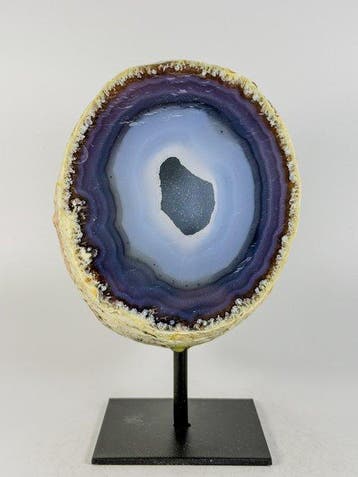 Very rare natural agate with crystal portal geode on stand