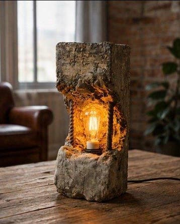 Lampada da tavolo brutalista in cemento e acciaio – design